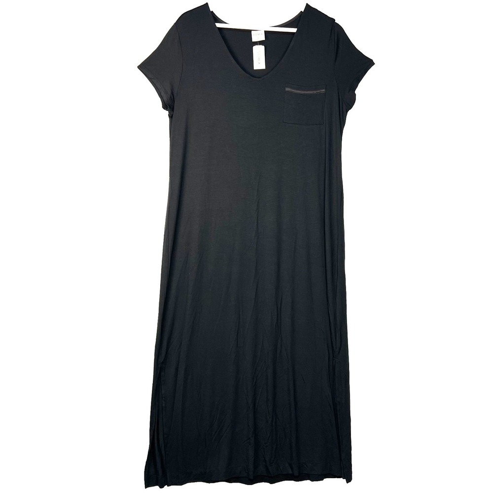SOMA Cool Nights Long Sleepshirt Black‎ L Short Sleeve Front Pocket Soft Lounge